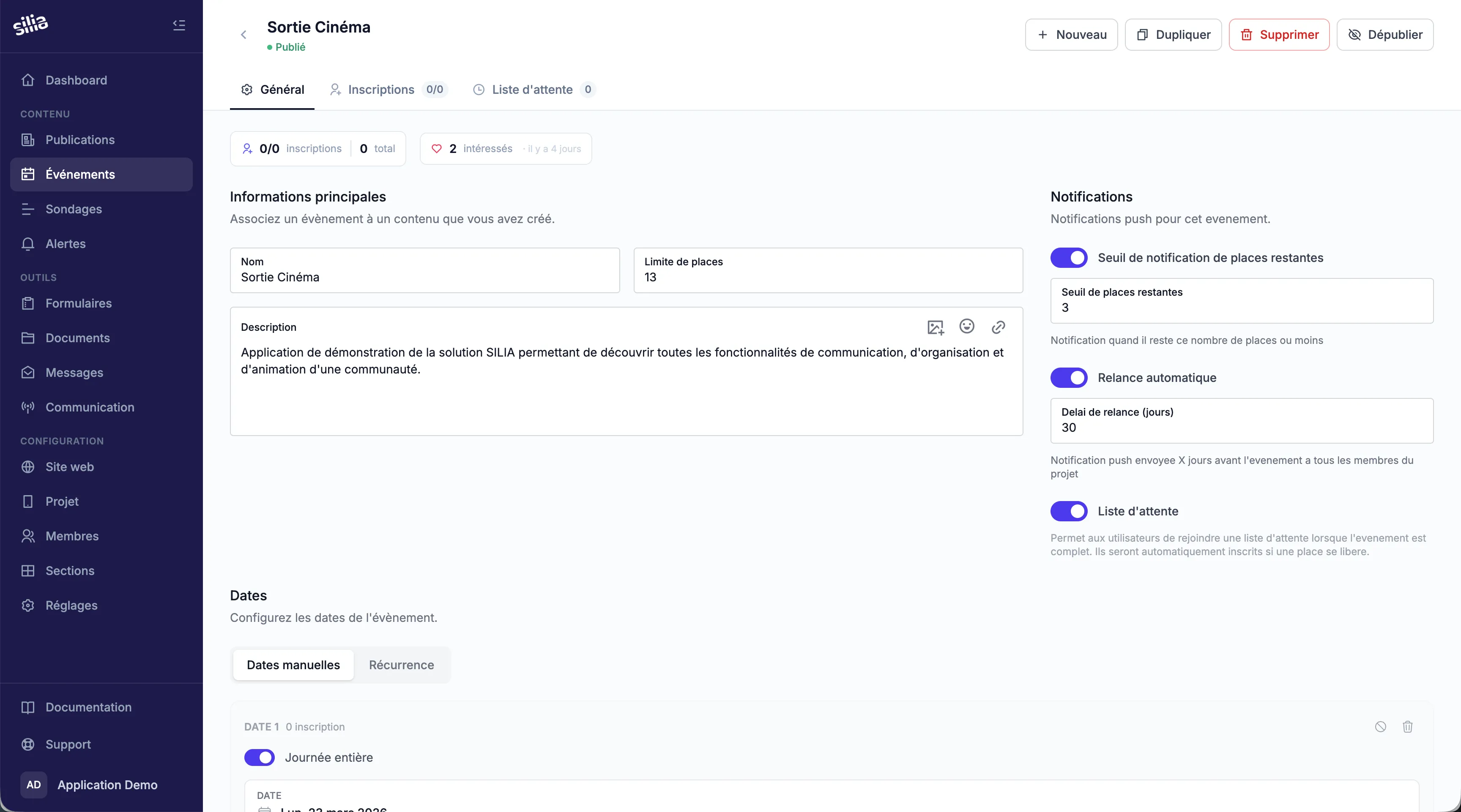 Gestion des événements