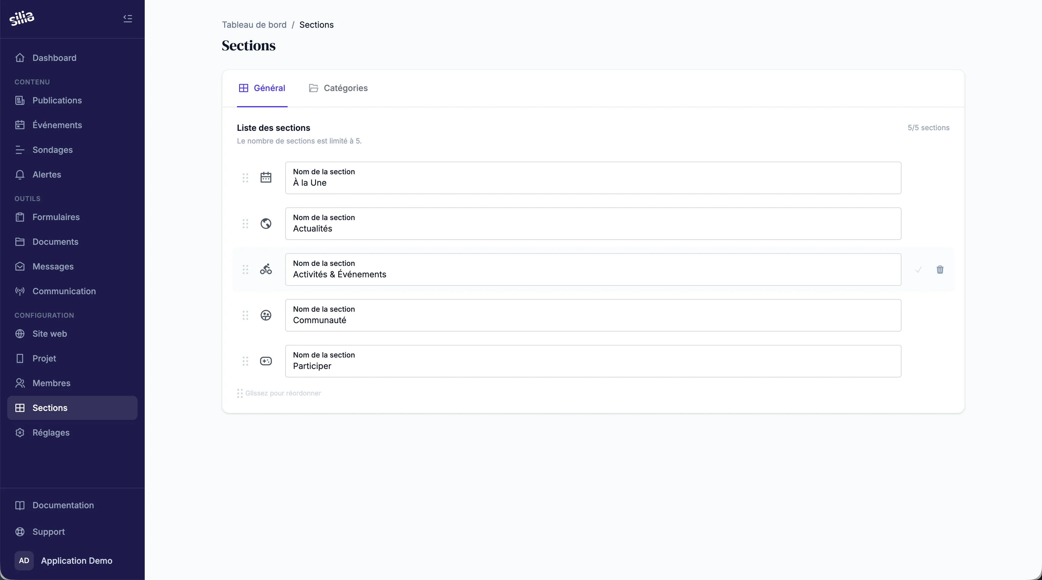 Gestion des sections